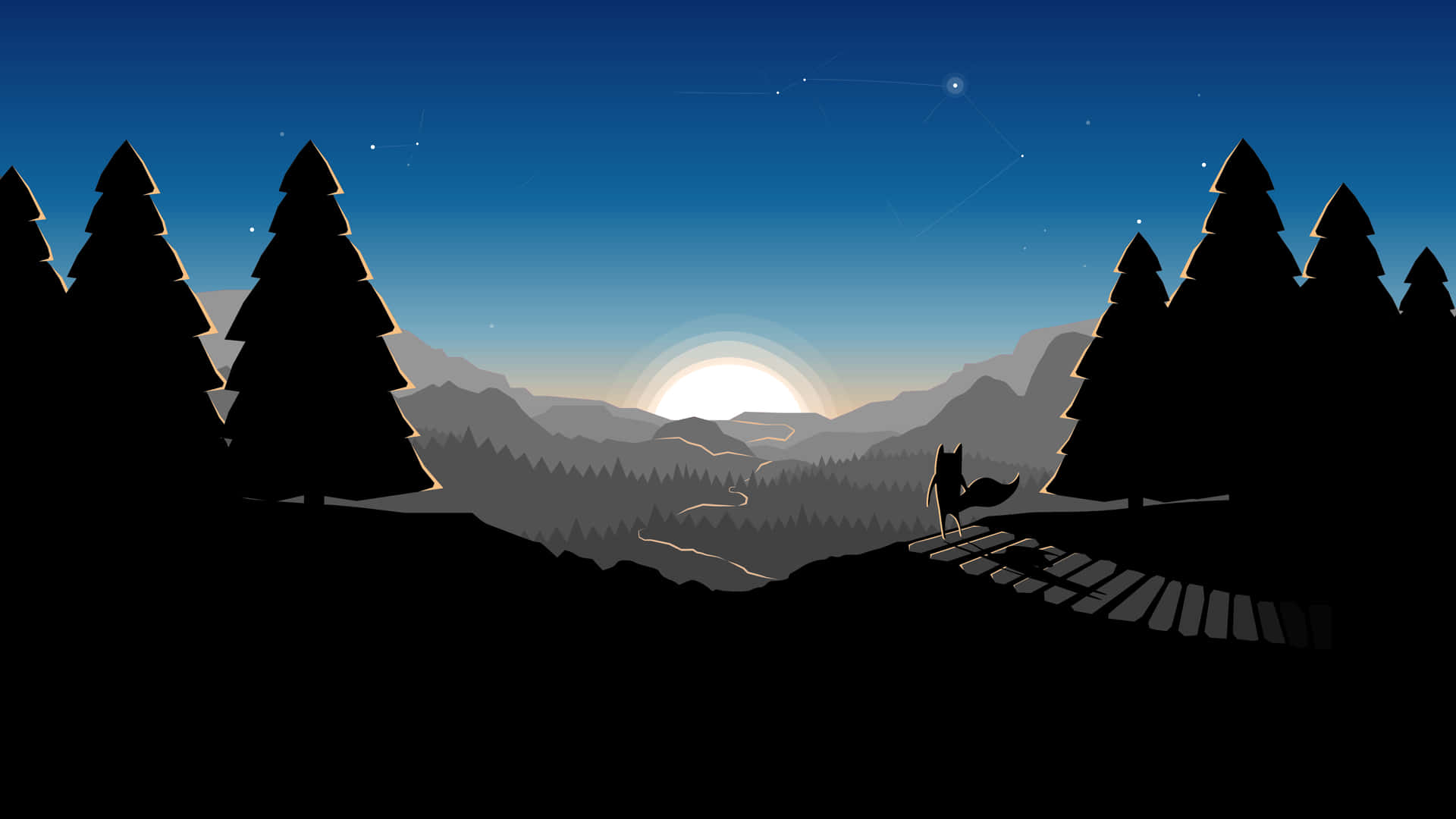 橋上的狐狸在星空下俯瞰黃昏時的山巒。