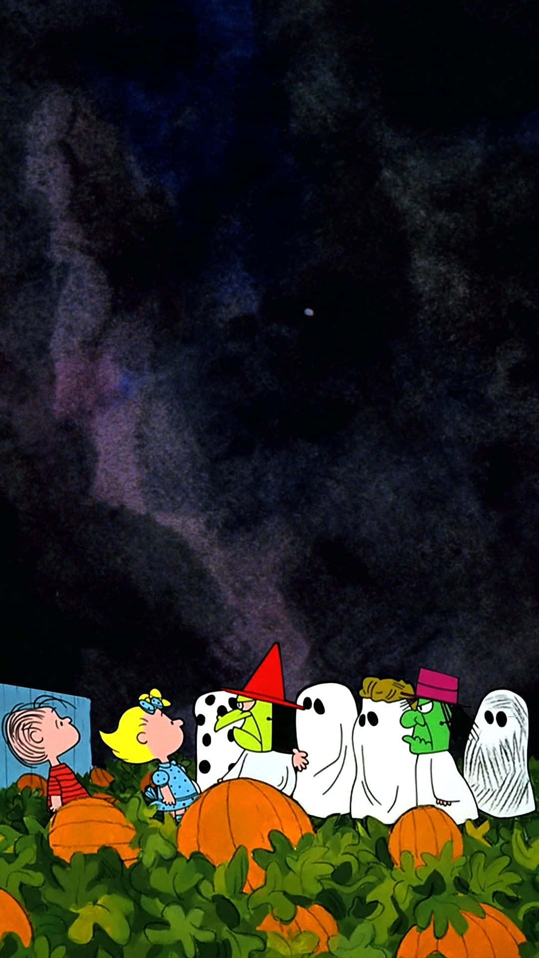 孩子和鬼魂穿著萬聖節服裝，在星空下的南瓜叢中。