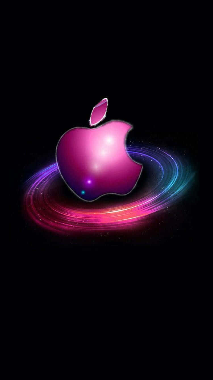 在太空中被旋轉的霓虹環包圍的發光Apple標誌。