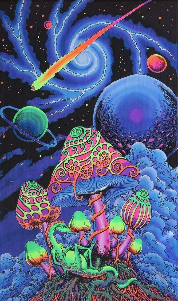迷幻蘑菇在帶有行星和星星的宇宙景觀中。