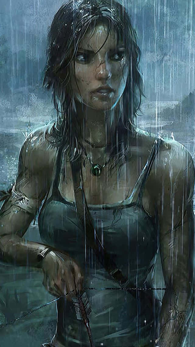 一個濕透的冒險女人在暴雨中手持弓箭。