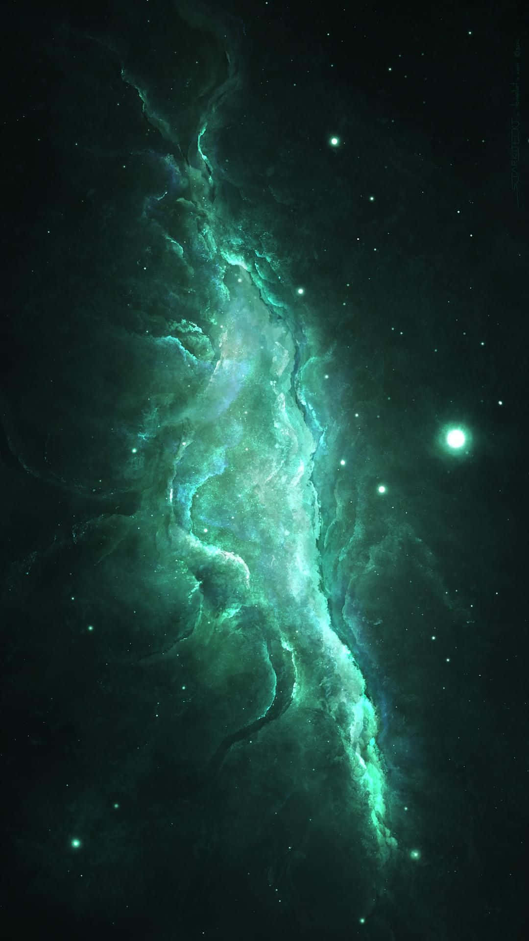 深邃太空中帶有星星的發光綠色星雲