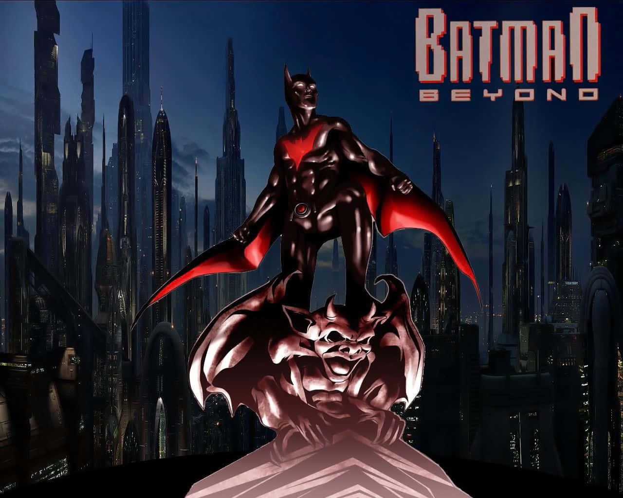 未來城市夜晚的 Batman Beyond 雕像