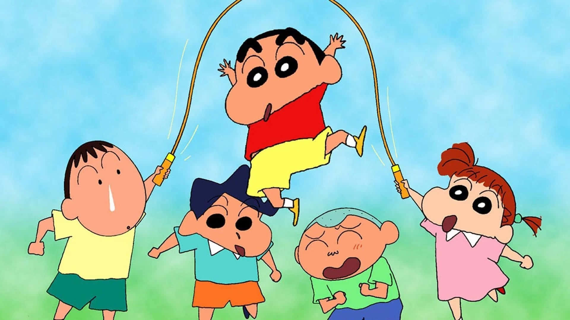 孩子們以鮮豔色彩的卡通動漫風格玩跳繩。