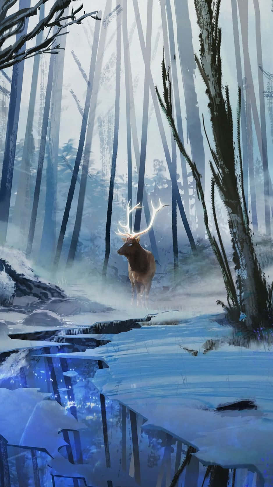 一隻發光的鹿，鹿角發光，站在白雪覆蓋的森林中，倒映在冰冷的水面上。