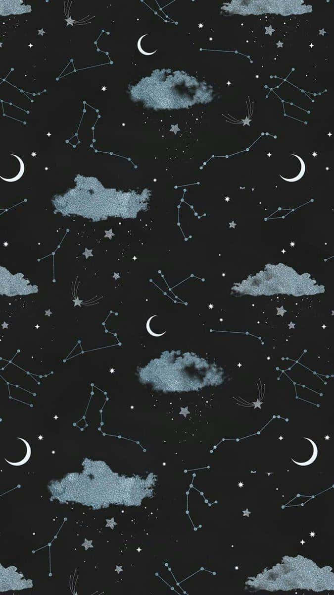 夜空，帶有星星、月亮和雲朵的重複圖案。