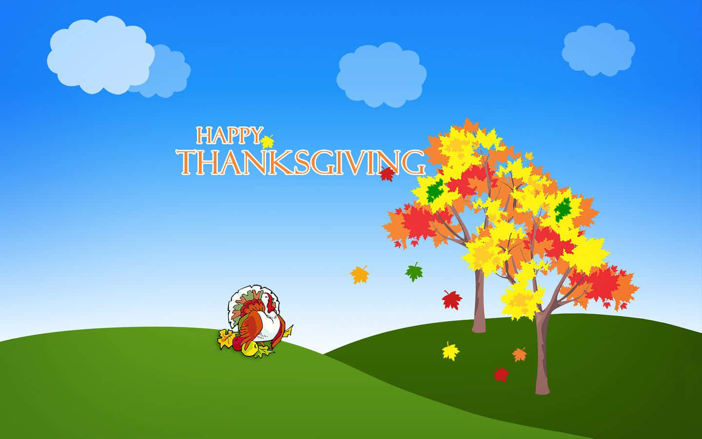 卡通火雞在草地山丘上靠近秋樹，帶有「Happy Thanksgiving」文字。