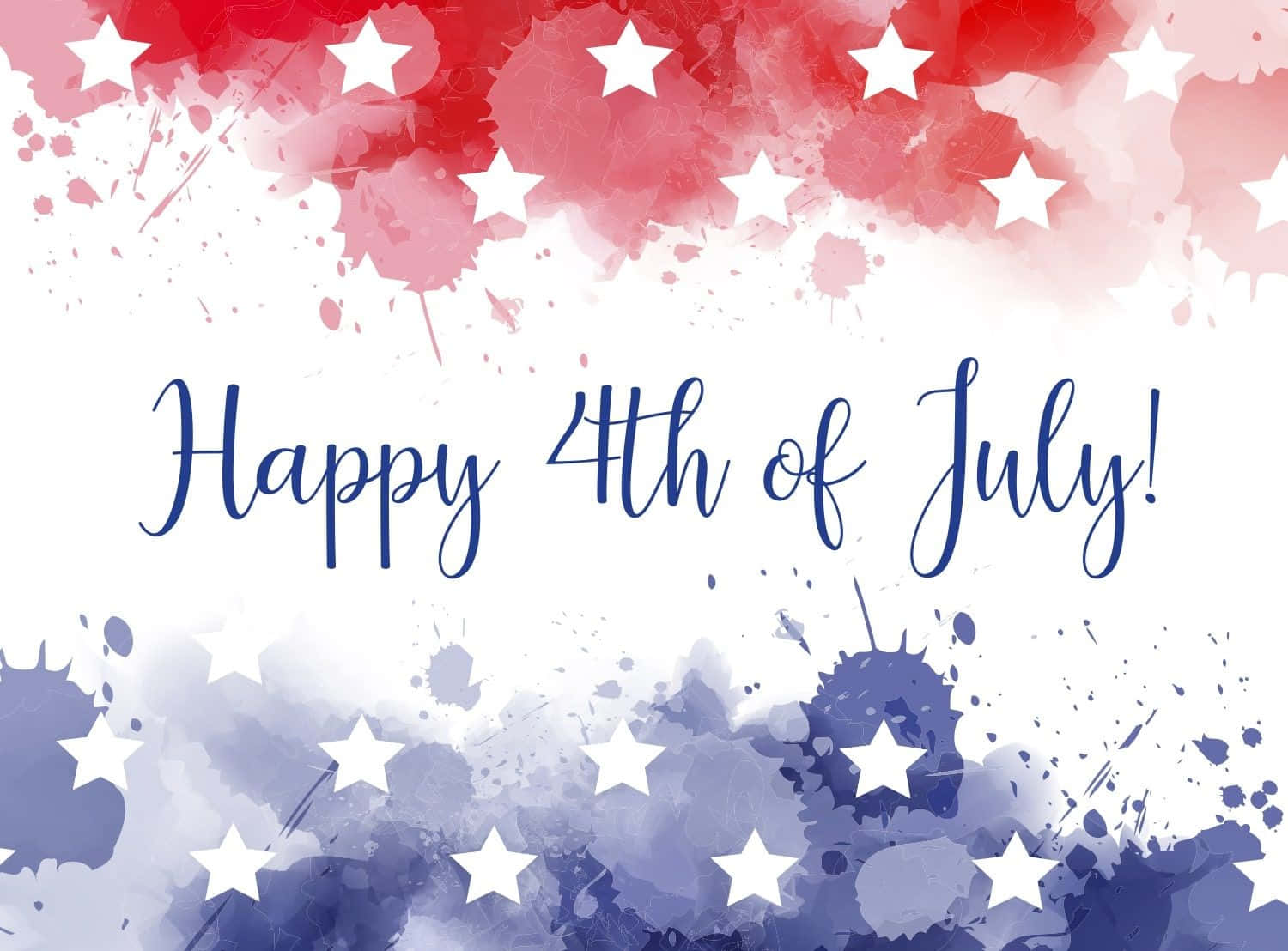Happy 4th of July 文字搭配紅色、白色和藍色的水彩潑濺和星星