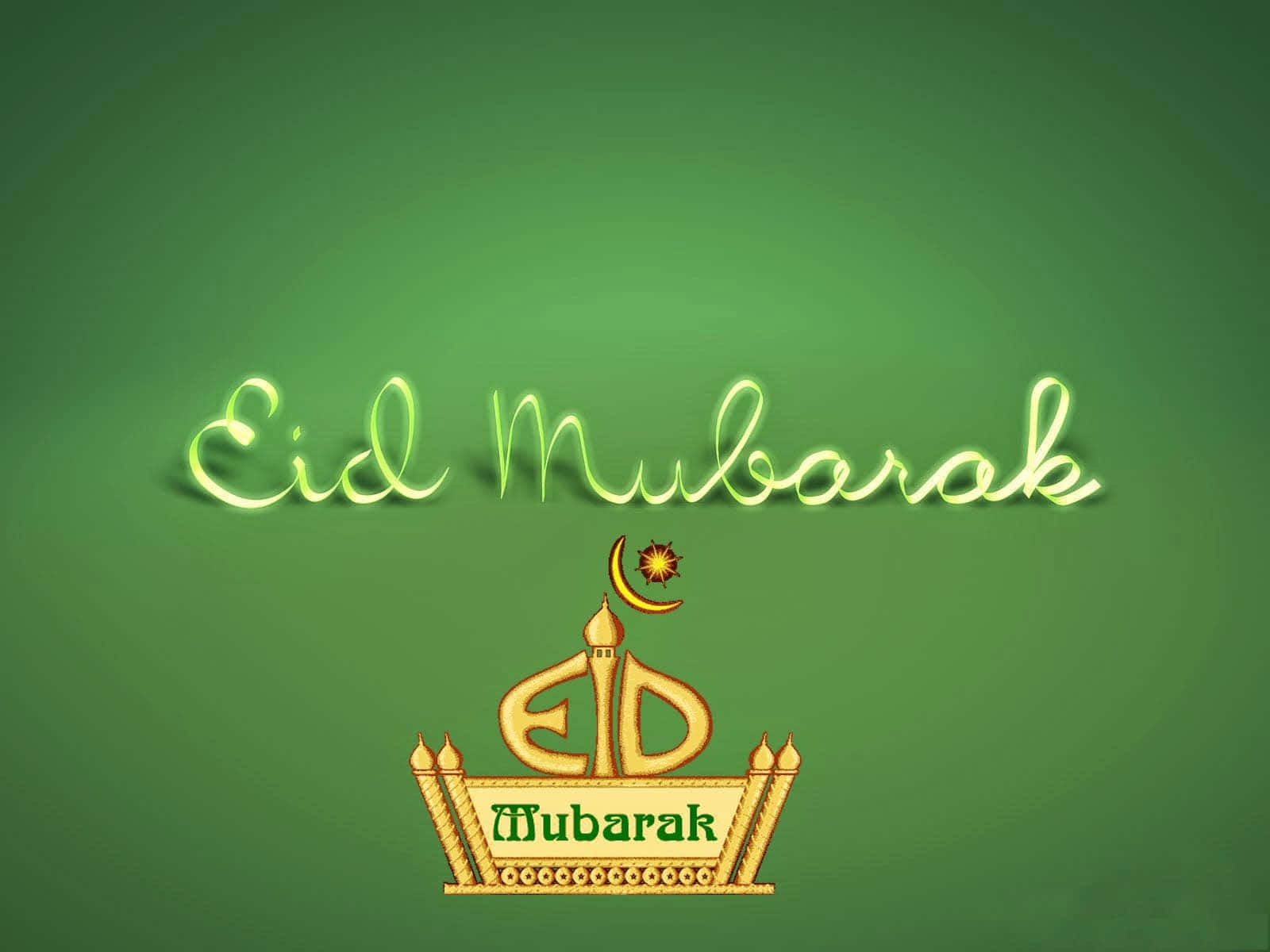 與親友共慶開齋節的喜悅 壁紙 — 發光的霓虹綠色Eid Mubarak文字和金色清真寺標誌在漸變綠色背景上。