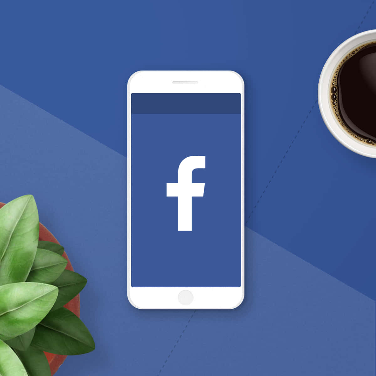 智能手機在藍色桌子上顯示Facebook應用程式，旁邊有咖啡和植物。