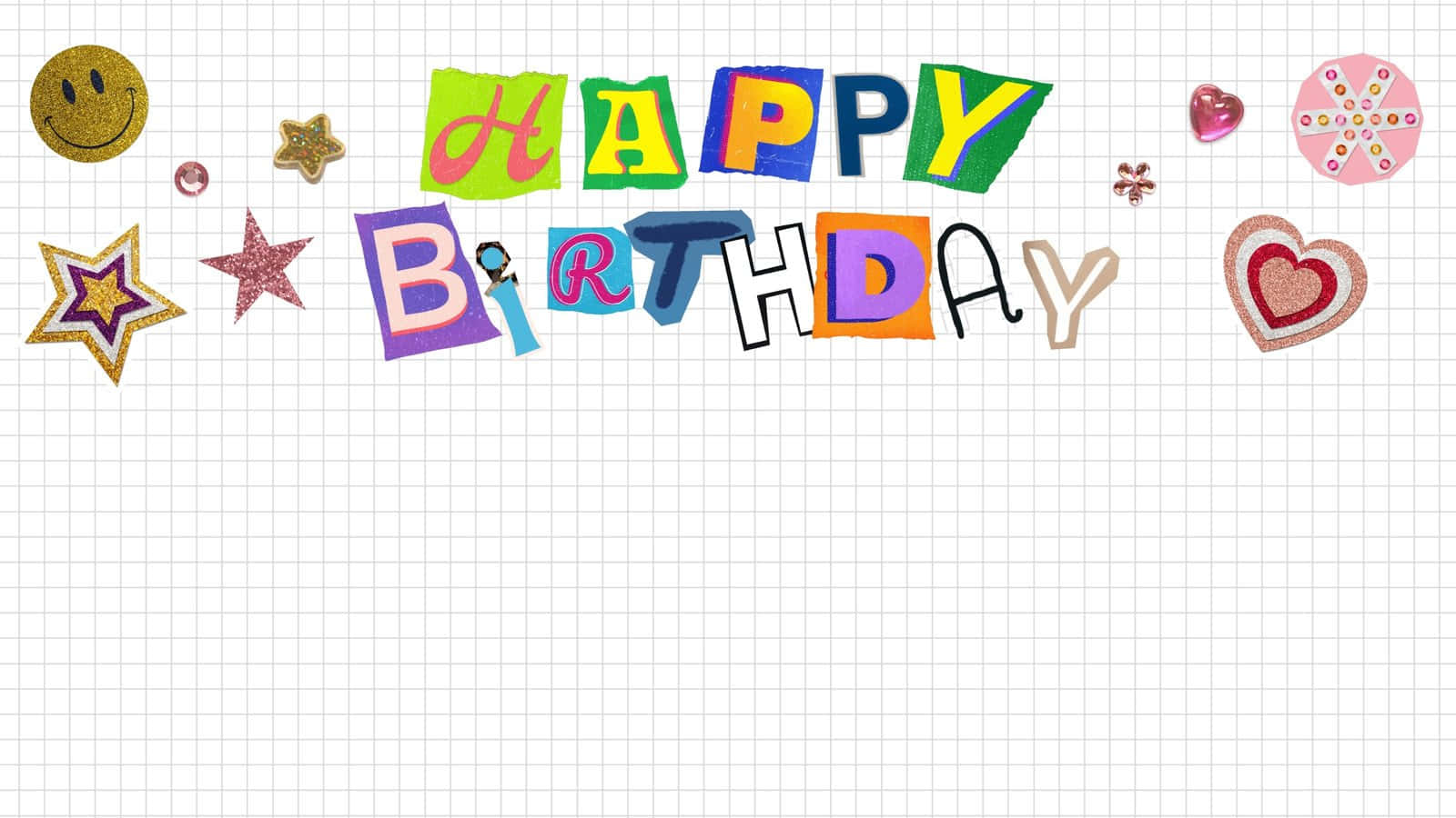 方格紙背景上帶有色彩繽紛字母和節日裝飾的Happy Birthday橫幅。