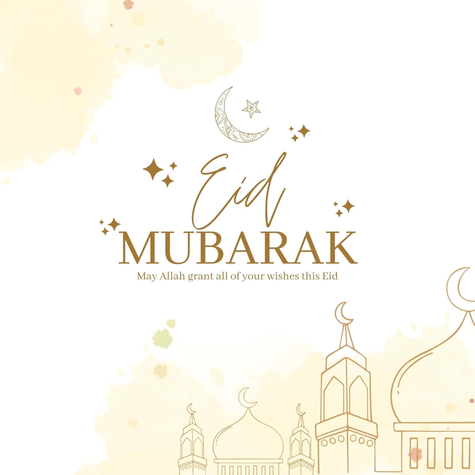 與親愛的人一同慶祝開齋節！ 壁紙 — Eid Mubarak 賀卡，金色新月星星和清真寺剪影在柔和的水彩背景上。