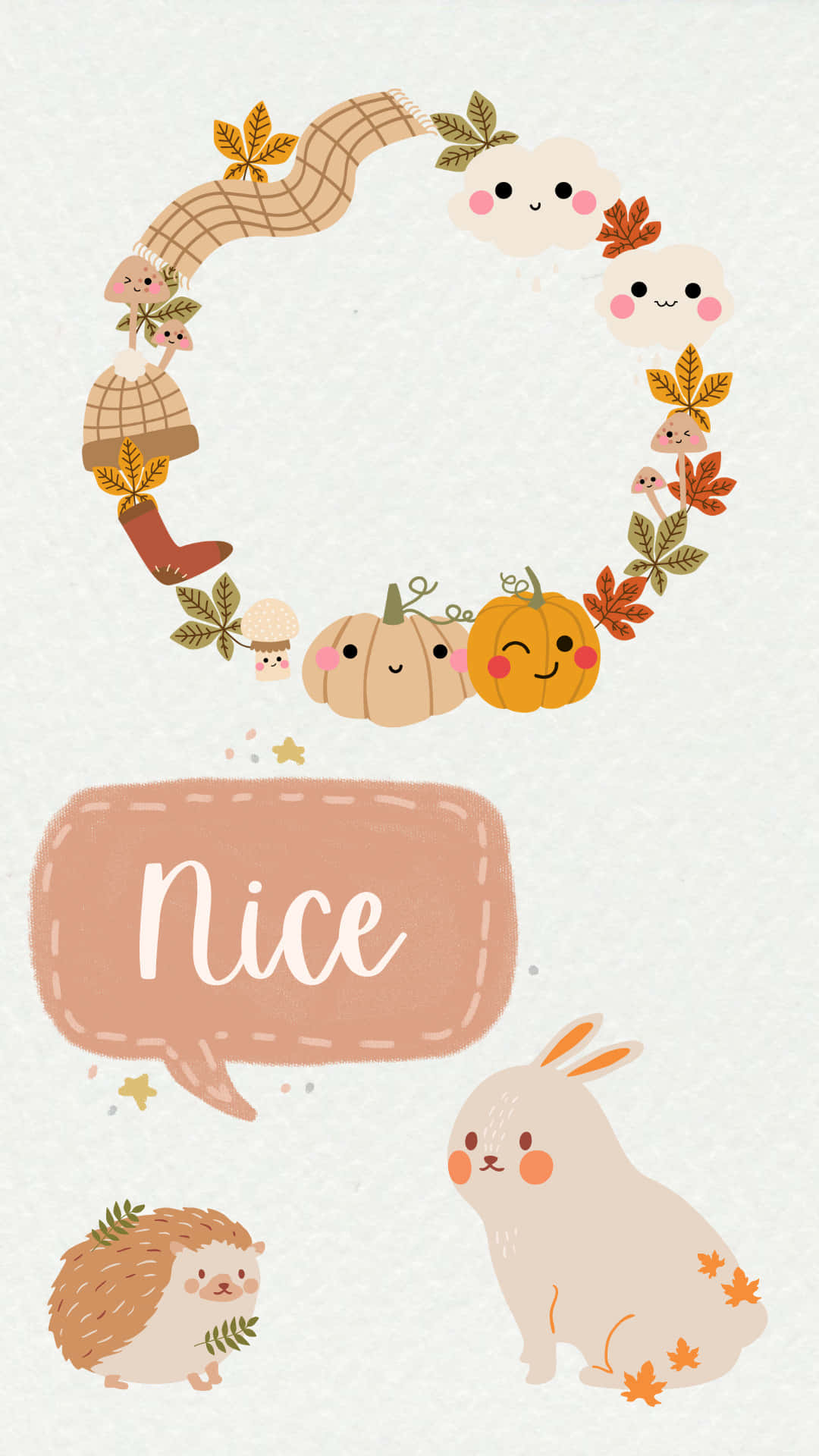 一個由微笑南瓜和動物組成的圓形花環，附有「Nice」對話氣泡。