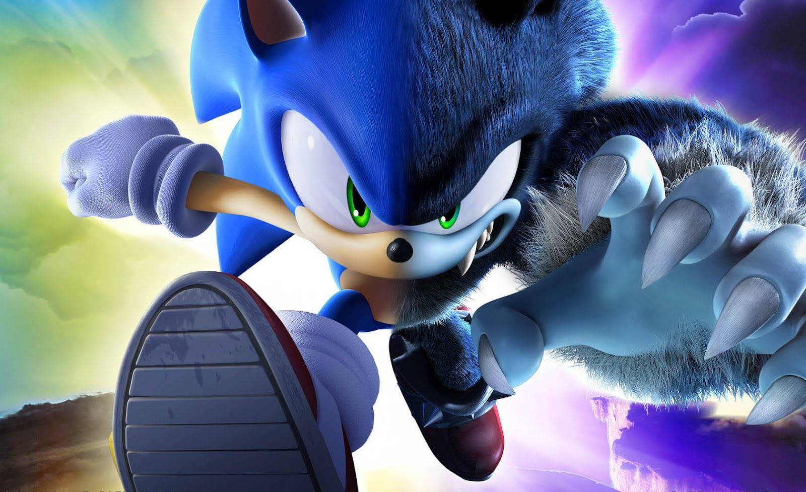 Sonic the Hedgehog 在色彩繽紛的天空下伸出爪子奔跑。