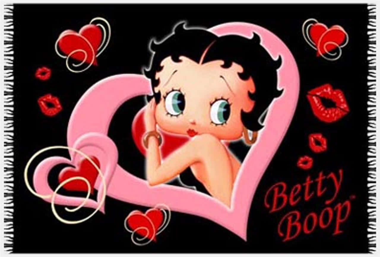 Betty Boop 喺黑色背景上，有紅色心形同嘴唇嘅粉紅色心形入面。