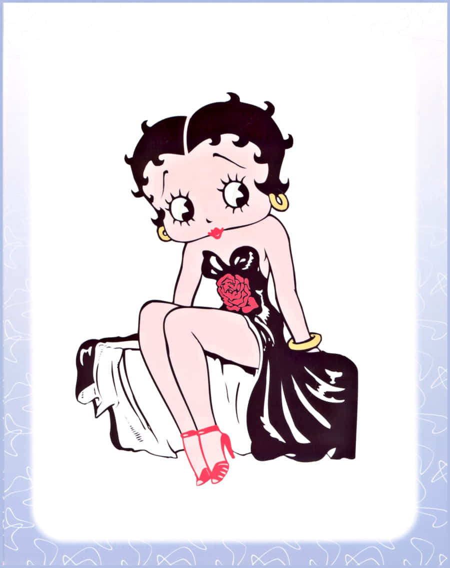 與貝蒂·布oop一起活出狂野人生！ 壁紙 — Betty Boop 優雅地坐在白色垂褶表面上，穿著黑色連衣裙，配以紅玫瑰和紅色高跟鞋。