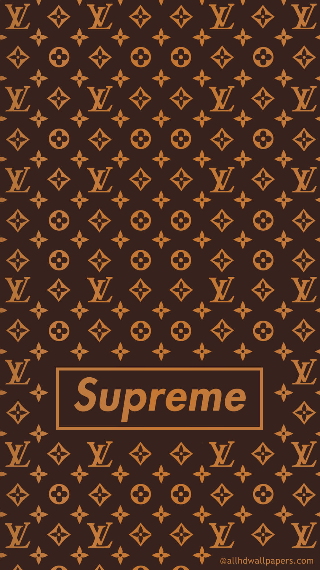 棕色和金色路易威登字母圖案，中央有Supreme標誌。