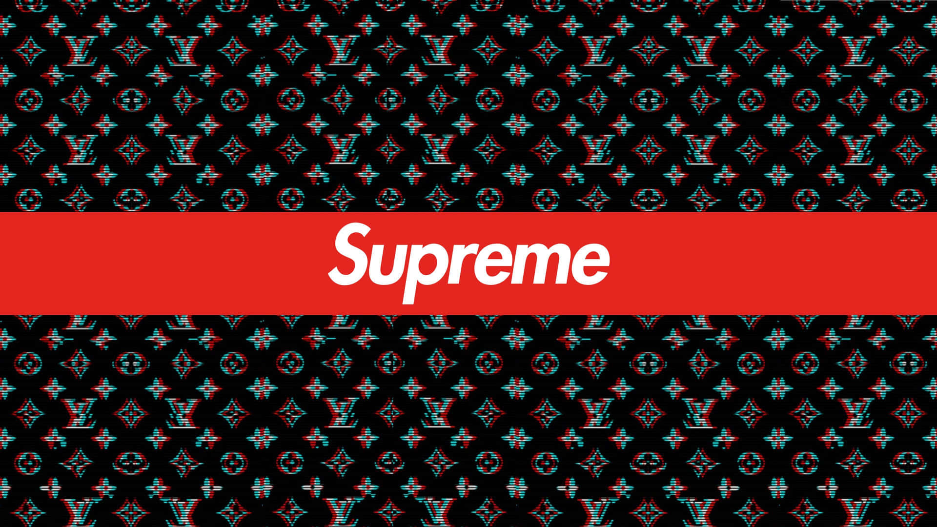 黑色背景上的紅色Supreme標誌，帶有扭曲的LV字母組合圖案。