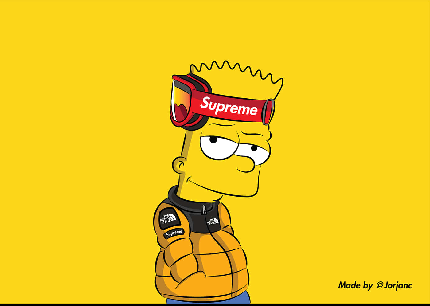 巴特·辛普森穿著黃色外套和 Supreme 護目鏡，背景為黃色。