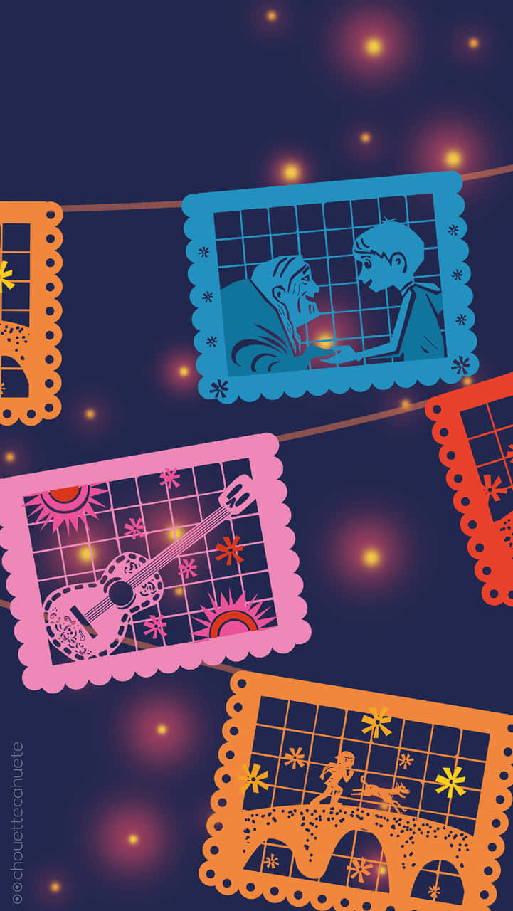 色彩繽紛的 papel picado 橫幅帶有文化圖案，在星空夜空中飄浮。