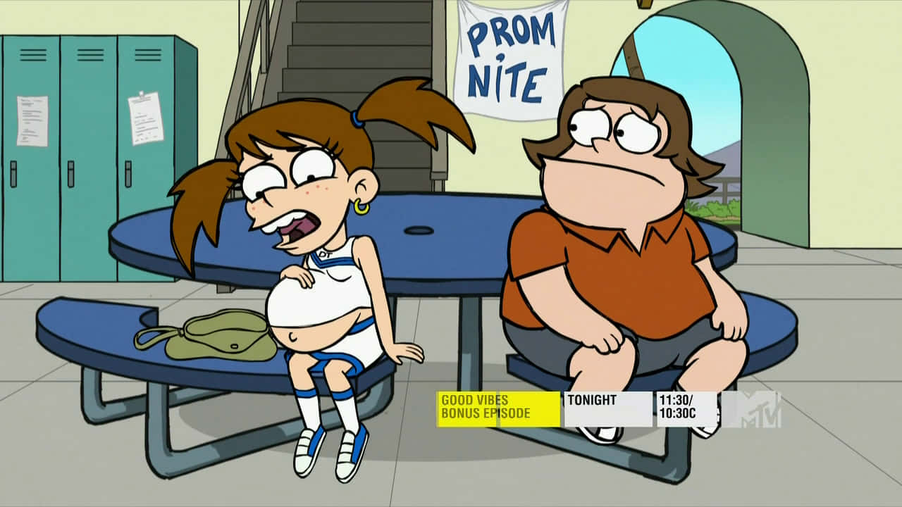 兩個卡通青少年在Prom Nite橫幅下的學校野餐桌旁。