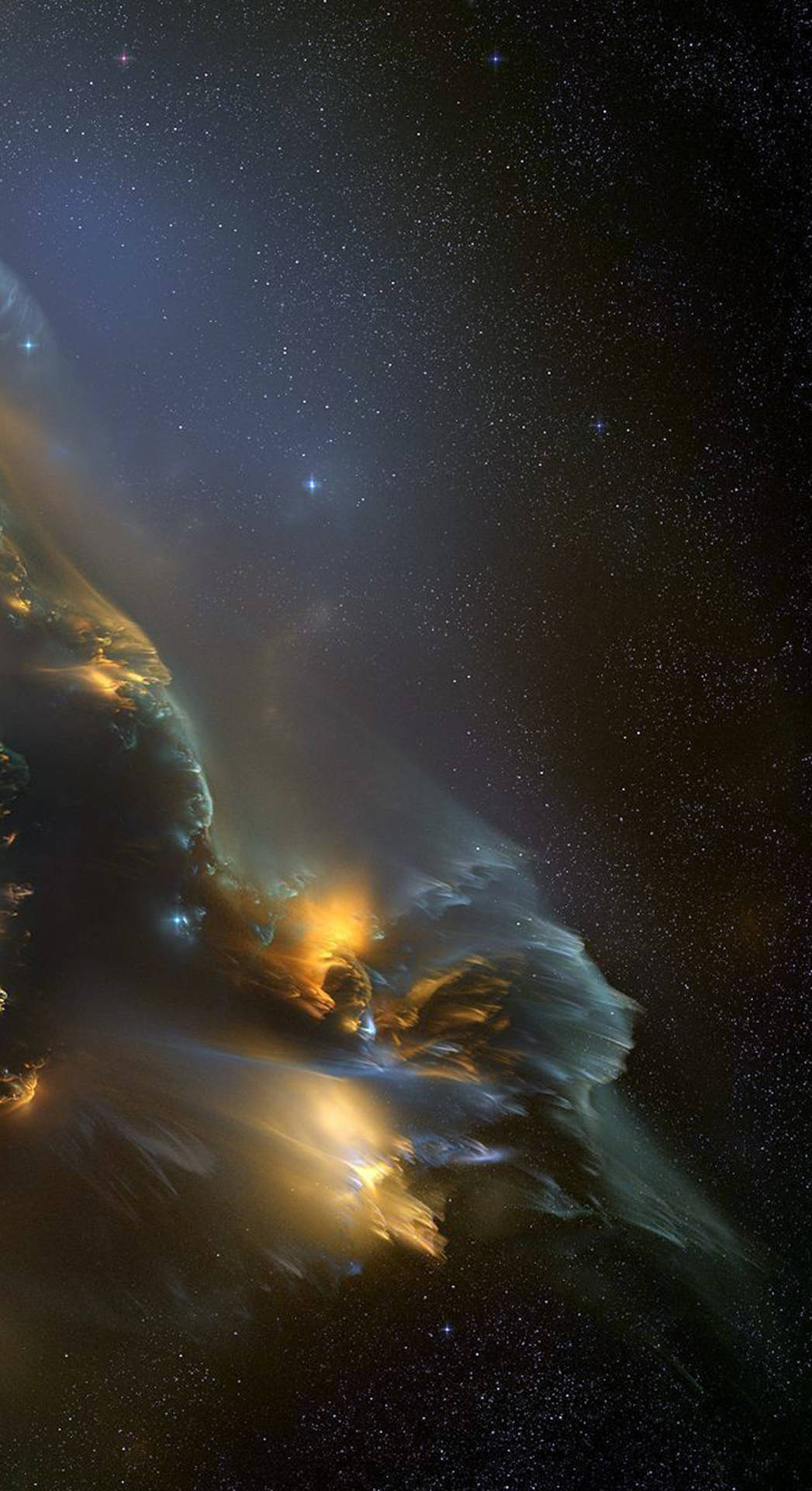一個色彩繽紛的星雲，在深空中帶有發光的雲氣和星星。