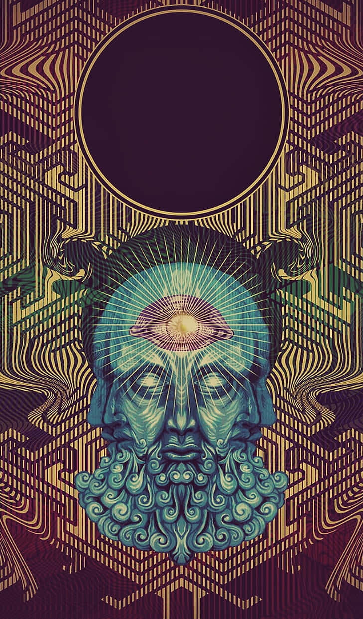 一個神秘的面孔，帶有全視之眼，被金色幾何圖案環繞。