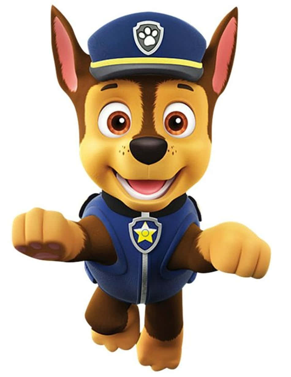 卡通警犬穿著藍色制服，帶著星星徽章奔跑。