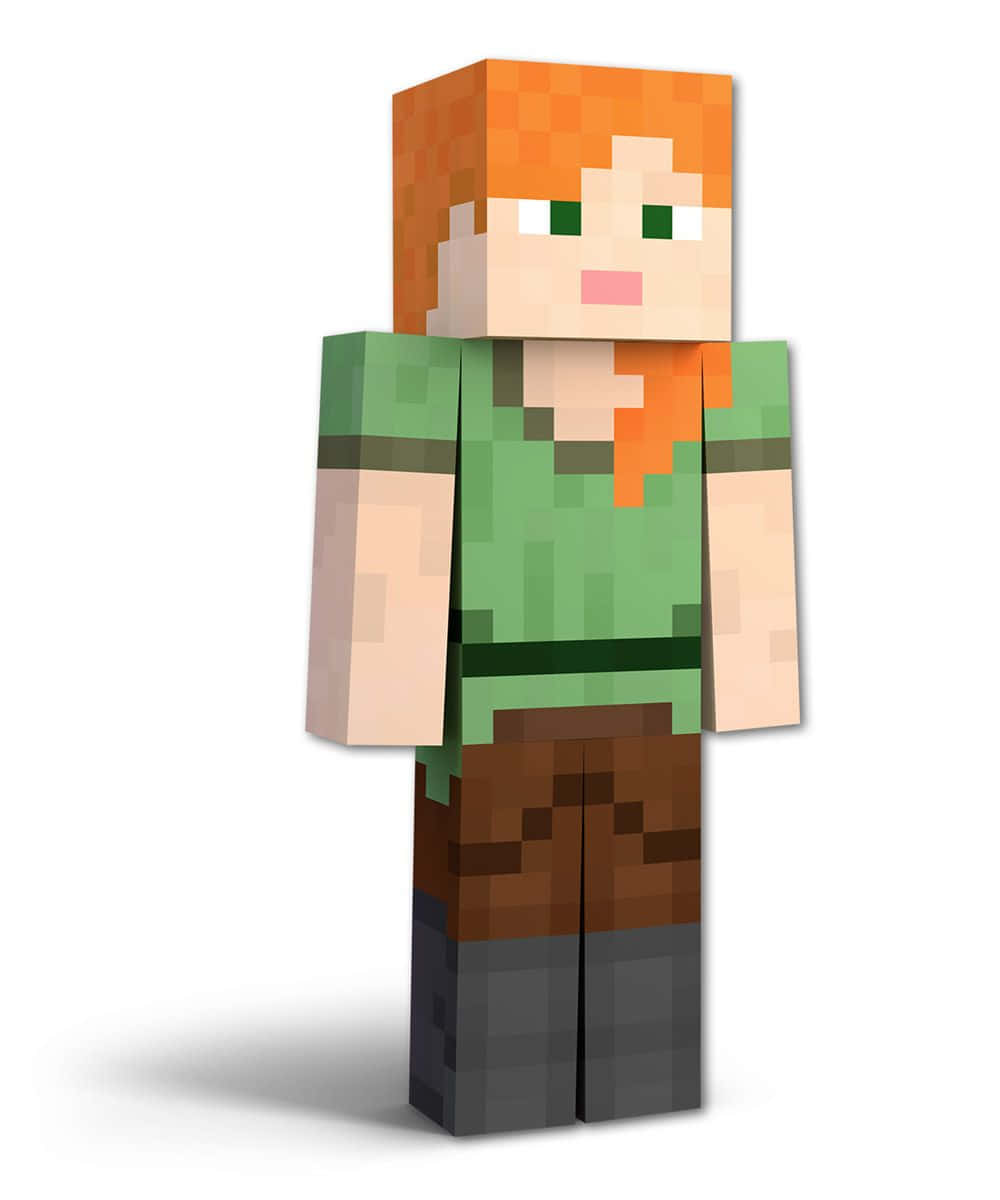 與這些《Minecraft》角色一起成就成功 壁紙 — 一個像素化的Minecraft角色，橙色頭髮、綠色襯衫和棕色褲子，站在白色背景前。