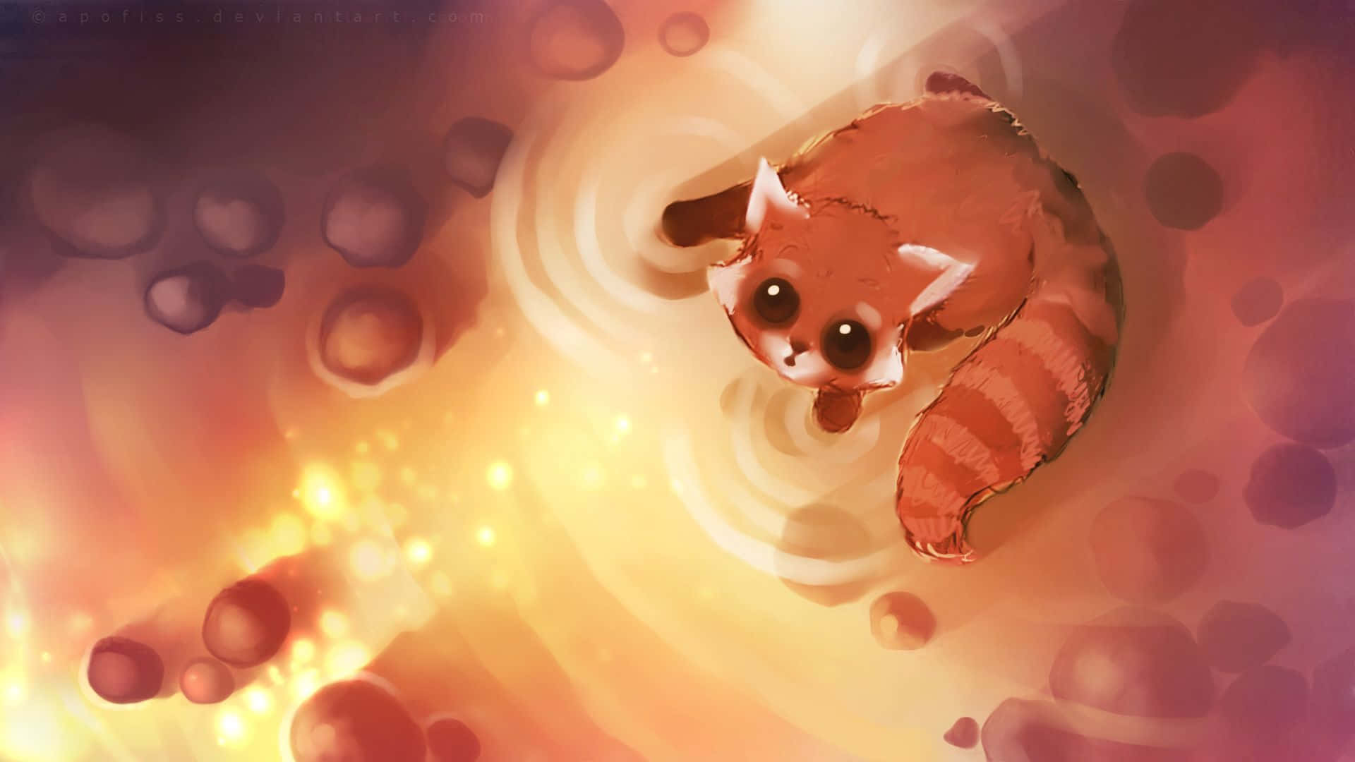 與這些可愛動物一起享受動漫生活吧！ 壁紙 — 一隻可愛嘅小熊貓喺溫暖琥珀色同粉紅色泡泡嘅發光漩渦中平靜咁漂浮。