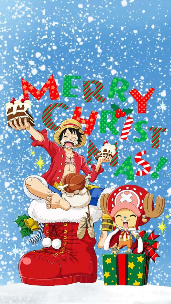 動漫團隊在雪天用蛋糕和禮物慶祝聖誕節。