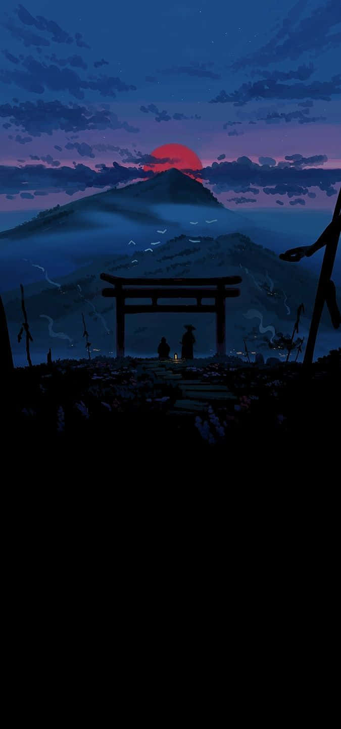 兩人在神社門口看著紅日落在山巒之上。