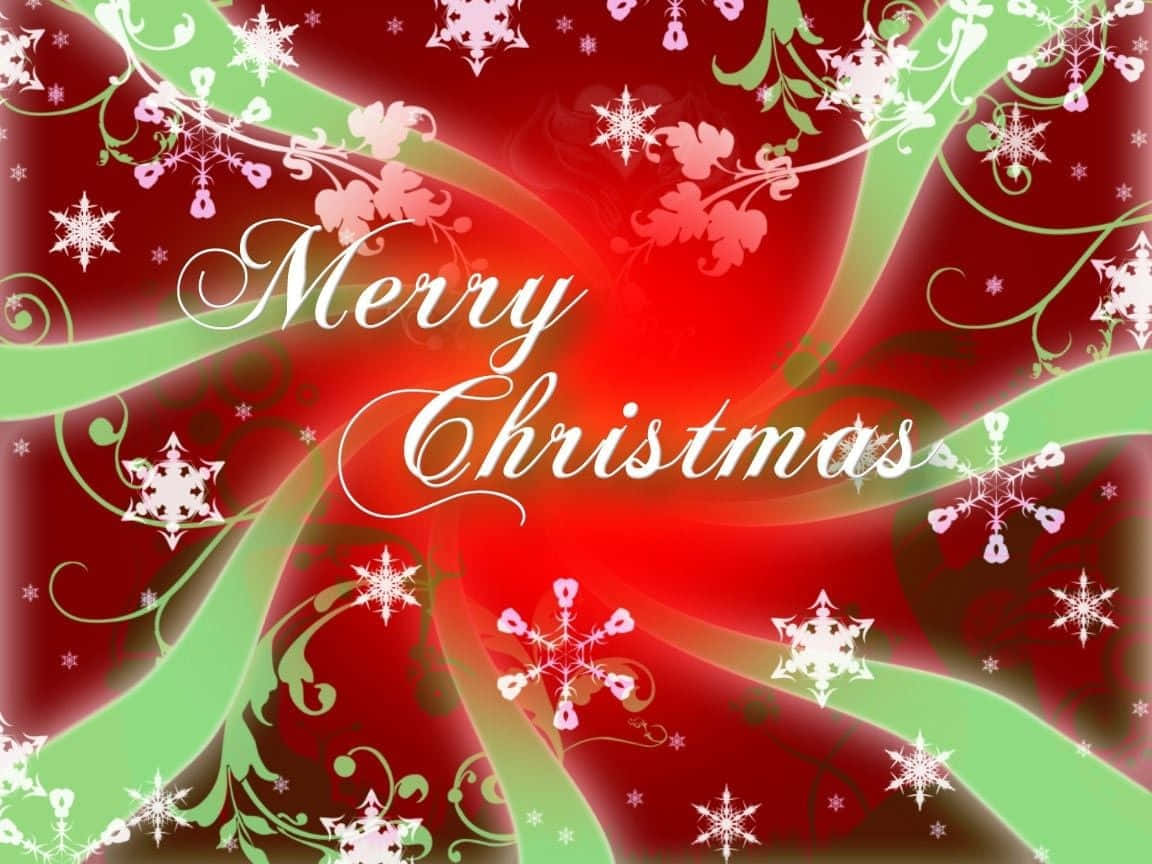 Merry Christmas文字被旋轉的紅綠圖案和雪花包圍
