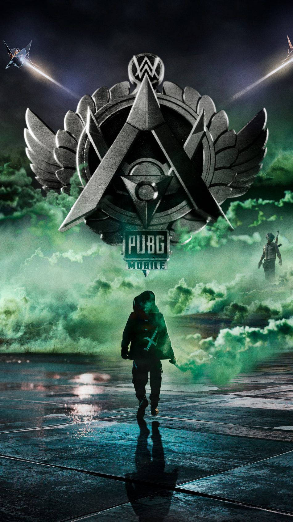 一名士兵在潮濕的表面上行走，頭頂是發光的綠色天空，帶有 PUBG Mobile 標誌和噴射機。