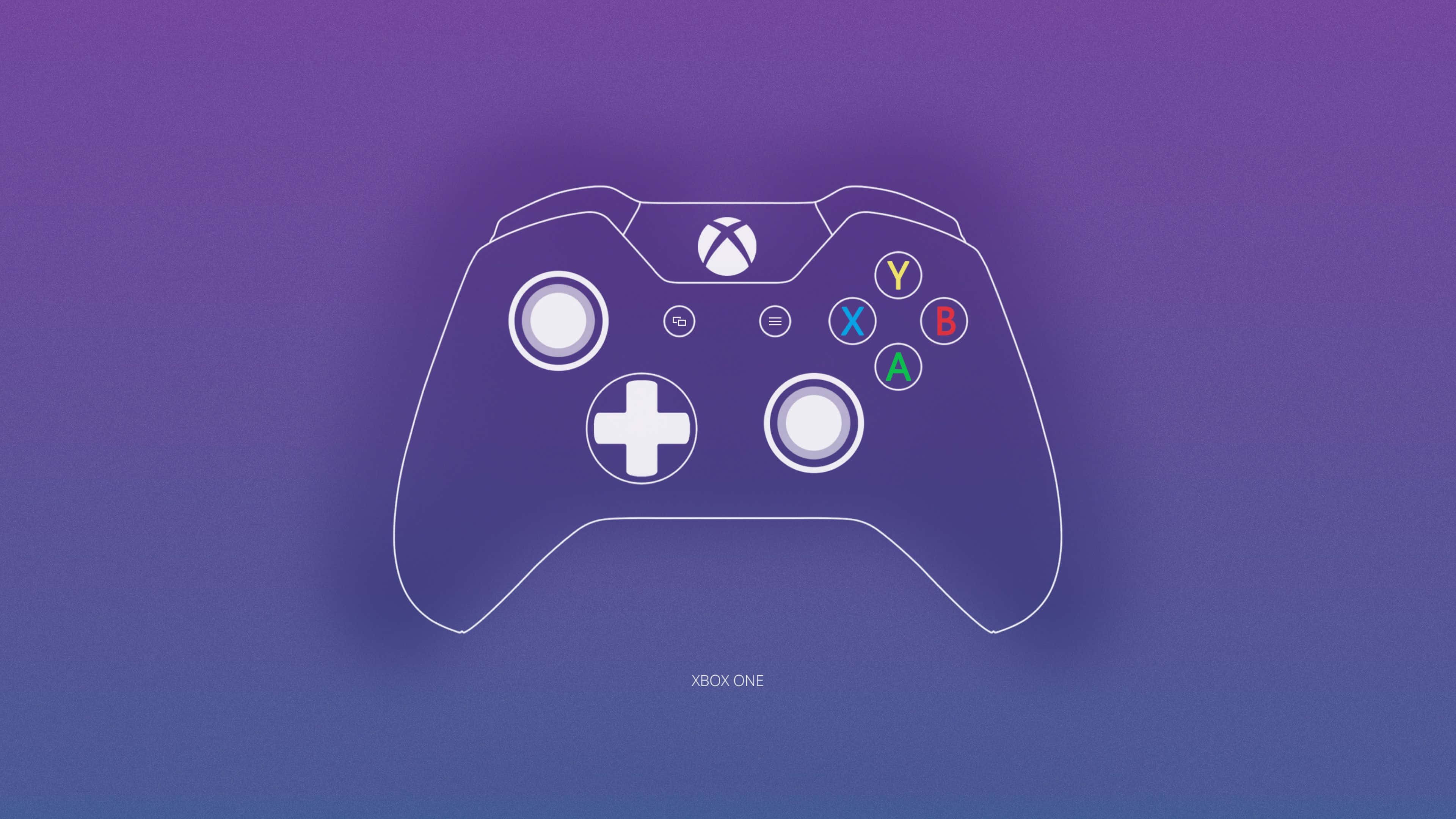 與酷炫Xbox一起探索充滿樂趣與冒險的世界 壁紙 — 一個極簡風格的白色Xbox One手掣輪廓漂浮在紫色漸變背景上。