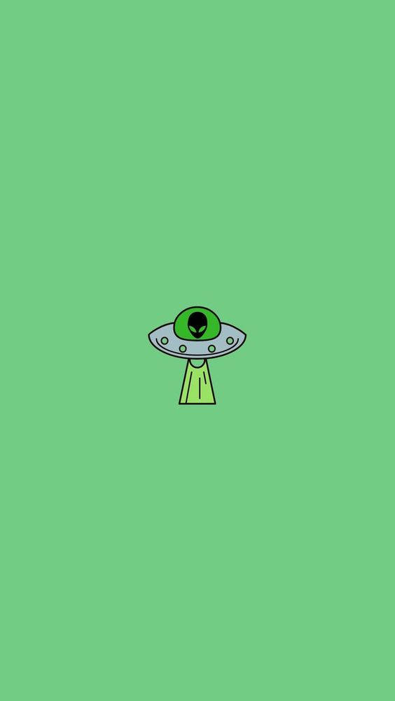一個帶有綠色外星人頭部的卡通UFO漂浮在綠色背景上。