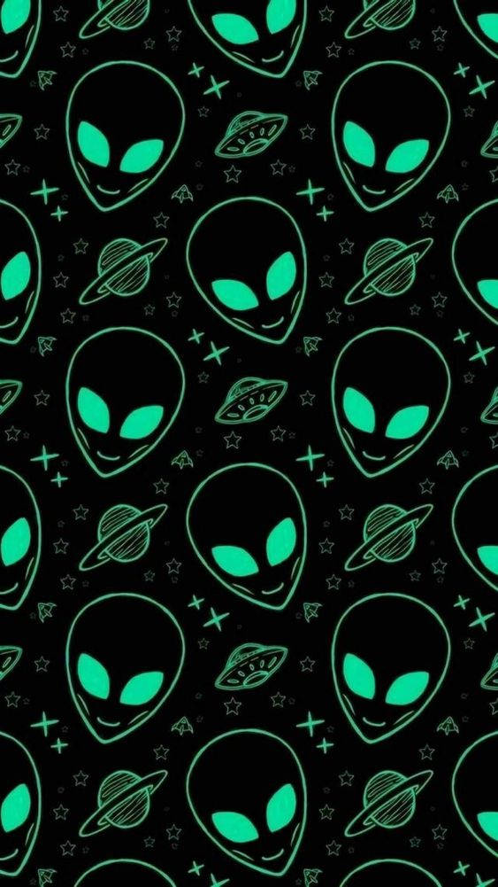 在帶有星星和行星的黑色太空背景上，發光綠色外星人頭部和UFO。