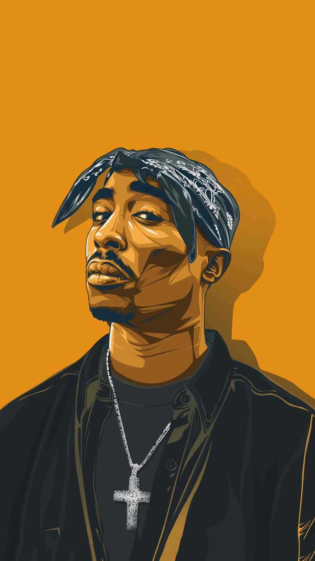 Tupac Shakur 戴著頭巾和十字架項鍊，背景為橙色。