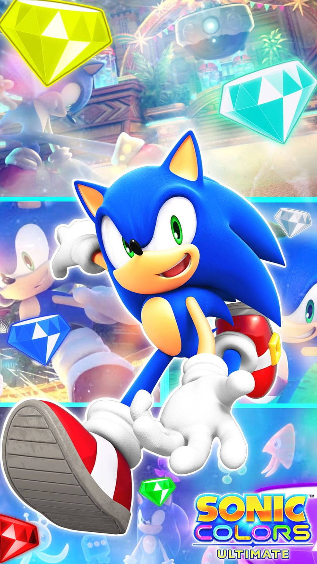 Sonic the Hedgehog 在一個帶有漂浮寶石的色彩繽紛遊戲關卡中奔跑。