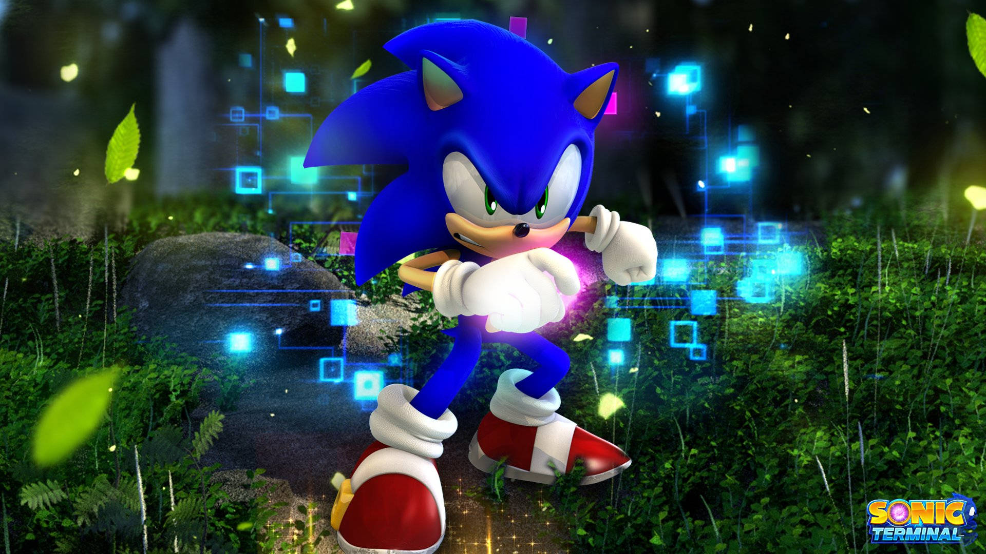 Sonic the Hedgehog 在一個帶有發光藍色數位效果的森林中。