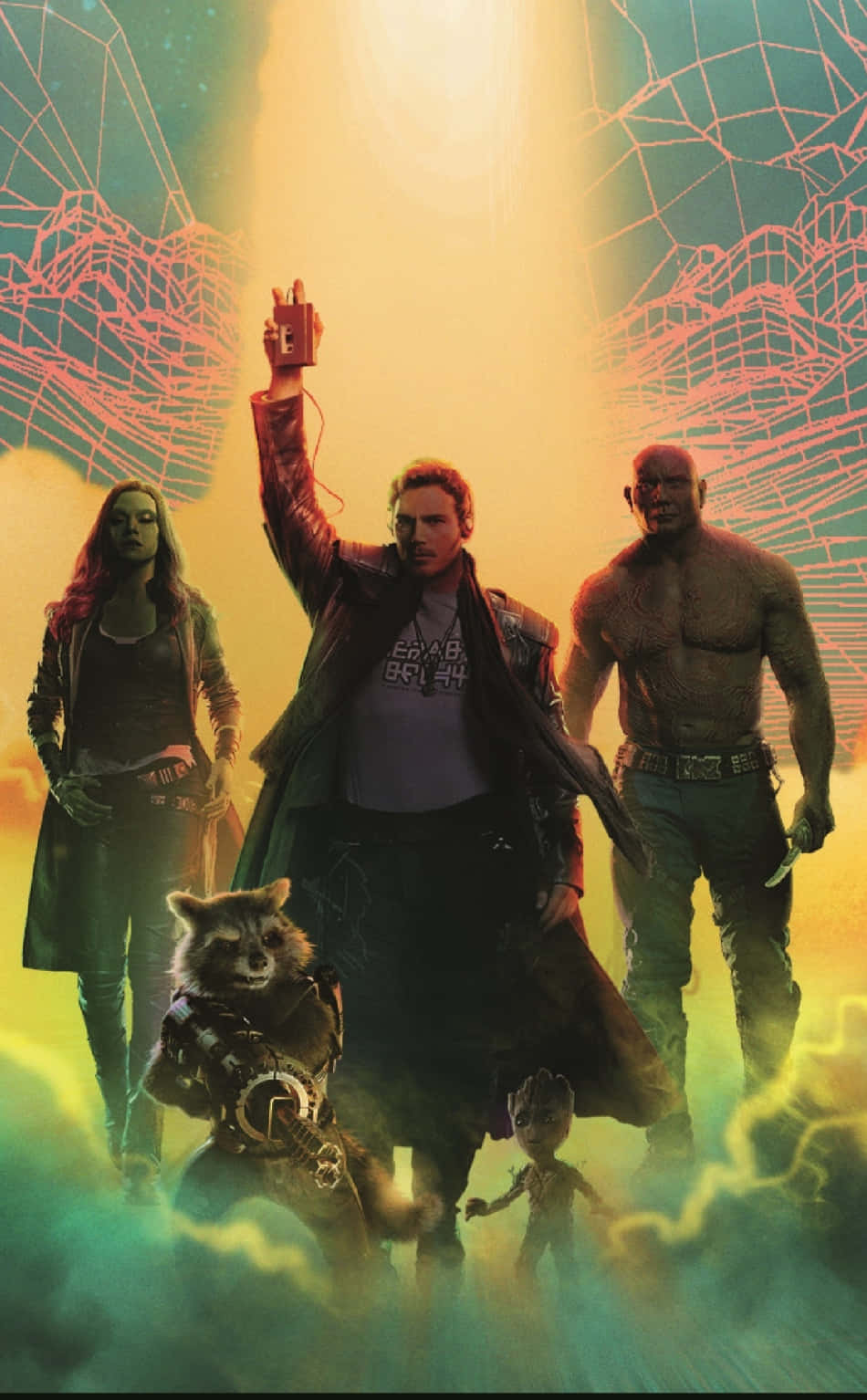 Guardians of the Galaxy 團隊在發光的宇宙場景中英雄地擺姿勢。