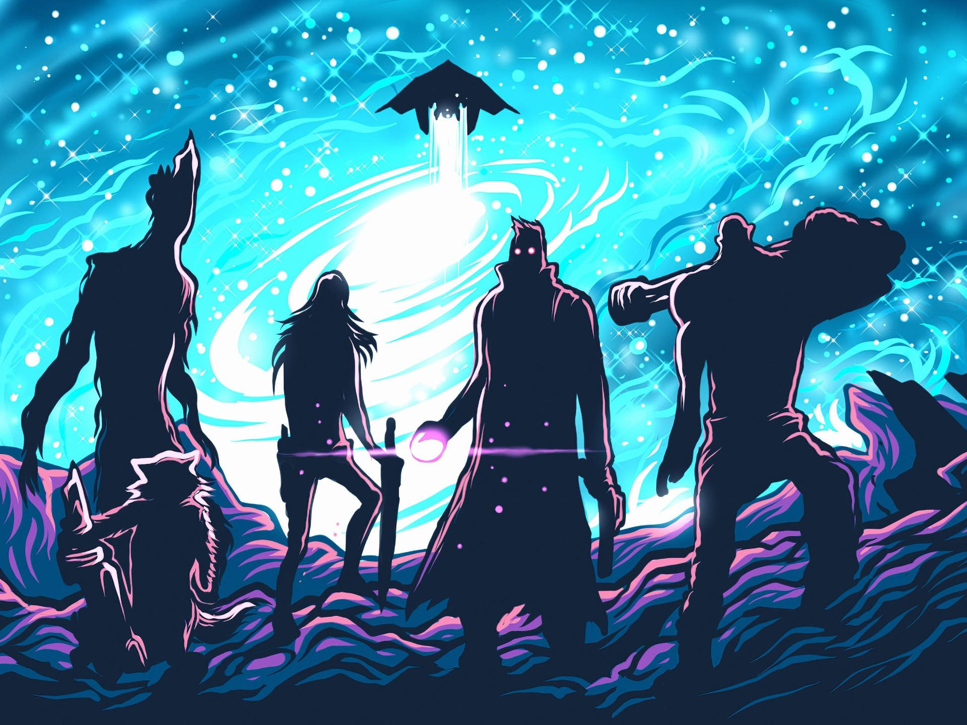 四個戰士剪影站在星空下一個發光的宇宙傳送門前。