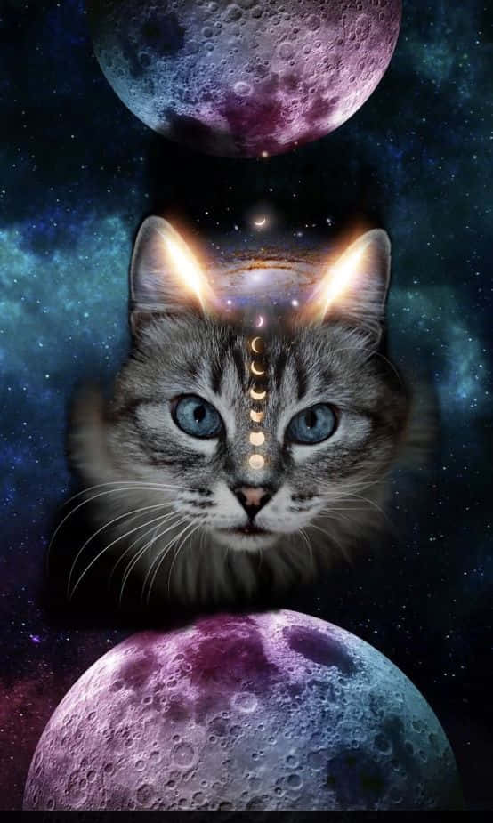 一隻眼睛發光的貓，被宇宙月亮和星光星雲環繞。