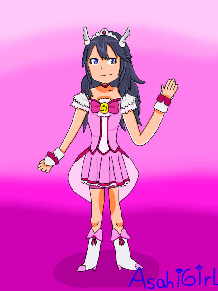 動漫女孩穿著粉紅色服裝，有角，向觀眾揮手。