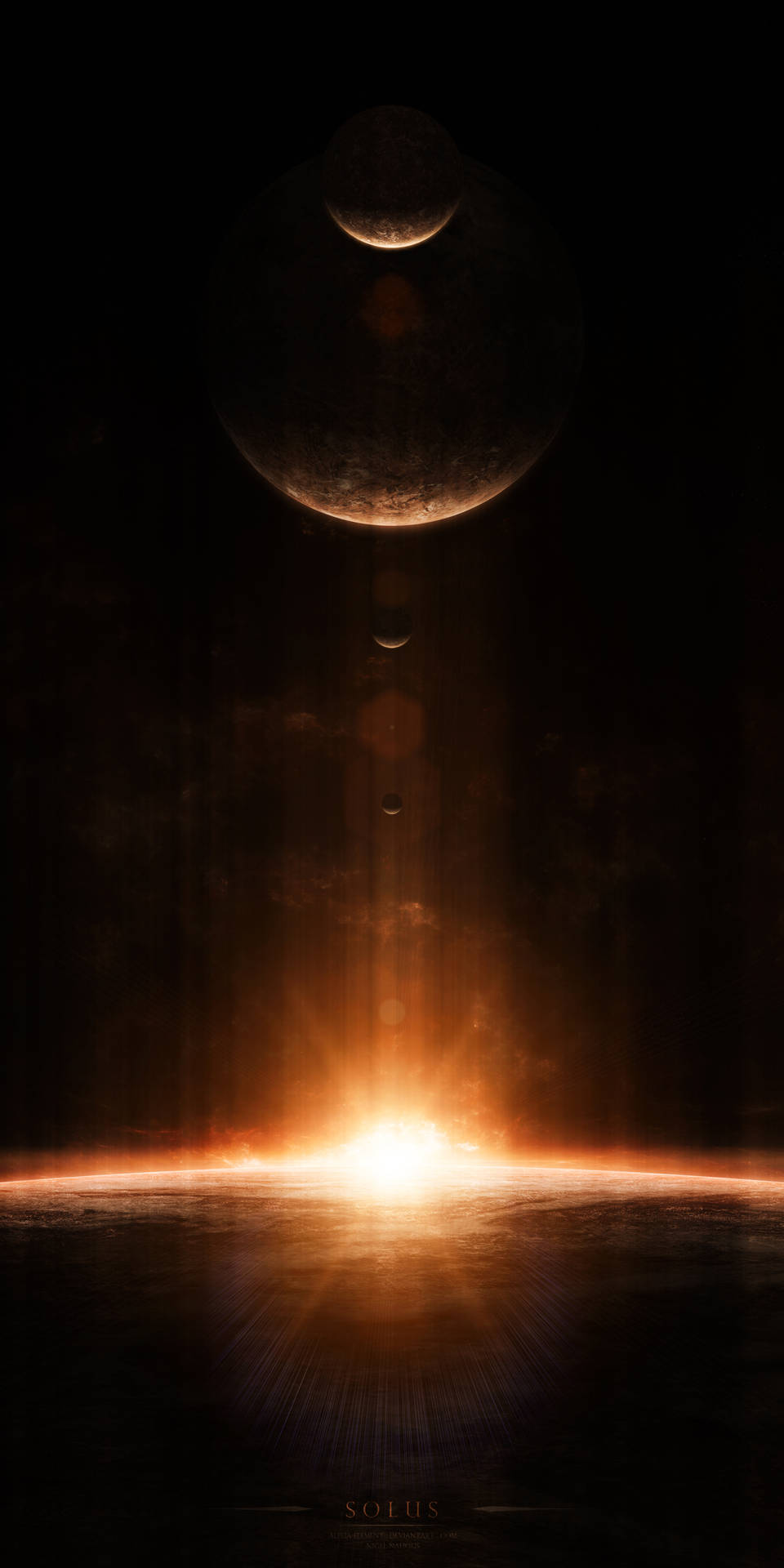 太陽在黑暗的宇宙天空中從一個帶有衛星的行星上升起。