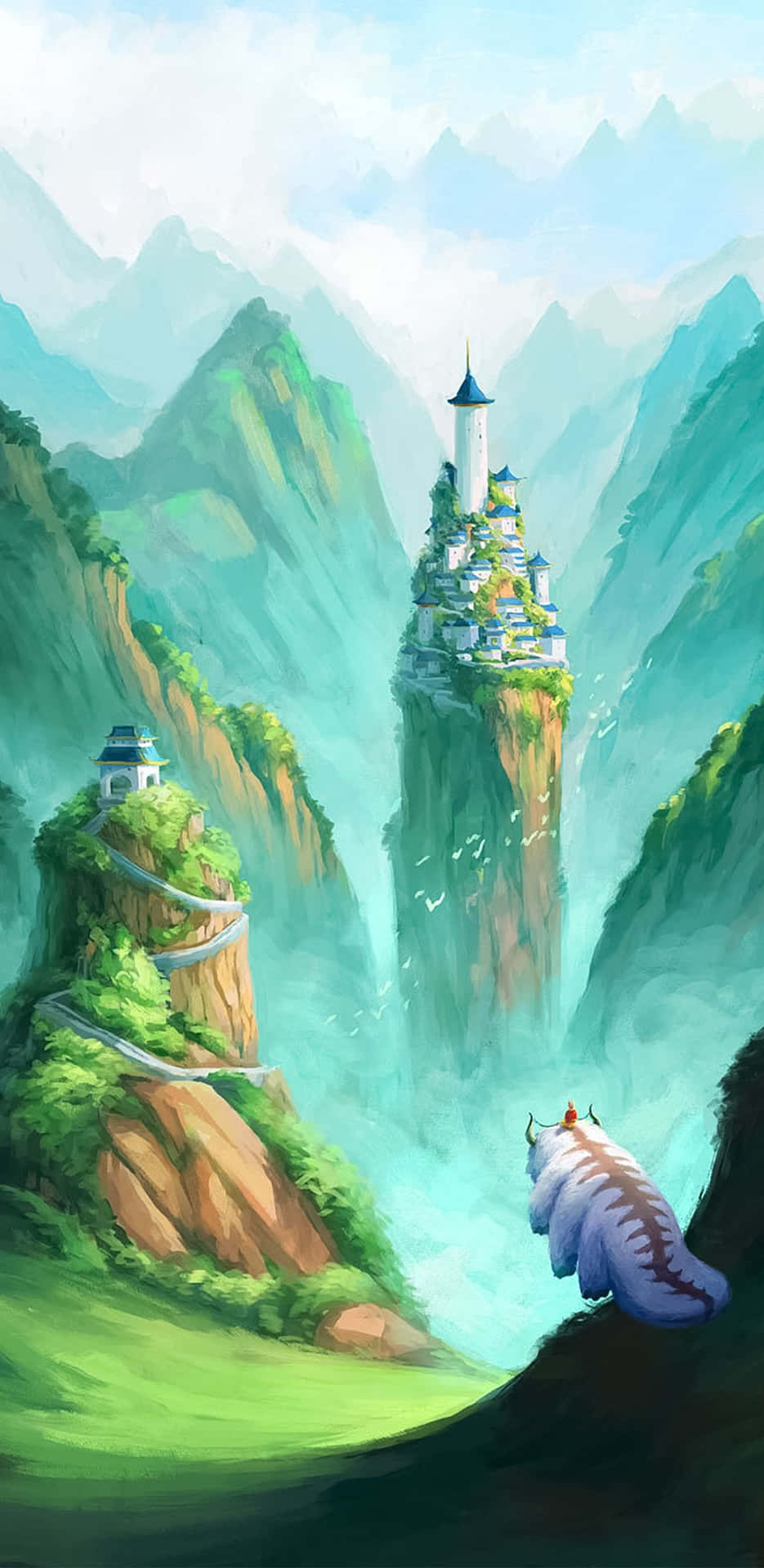 山上的漂浮城堡，一隻毛茸茸的生物從下方觀看。