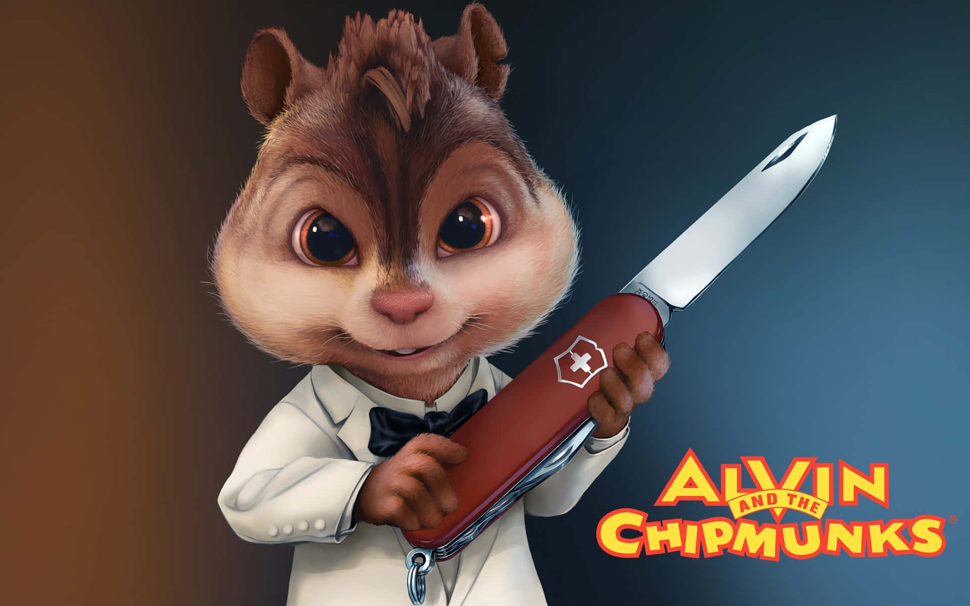 與阿爾文與_chipmunks 一起歡唱跳舞！ 壁紙 — 一隻穿著燕尾服的卡通花栗鼠，在漸變背景前自信地咧嘴笑著，手持一把大型瑞士軍刀。