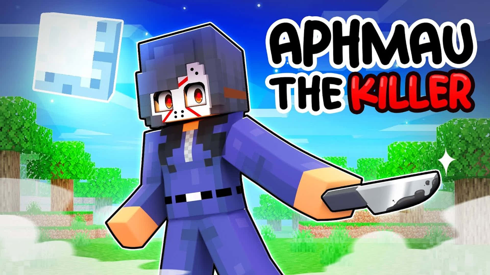 Minecraft角色Aphmau the Killer在草地上拿著刀。