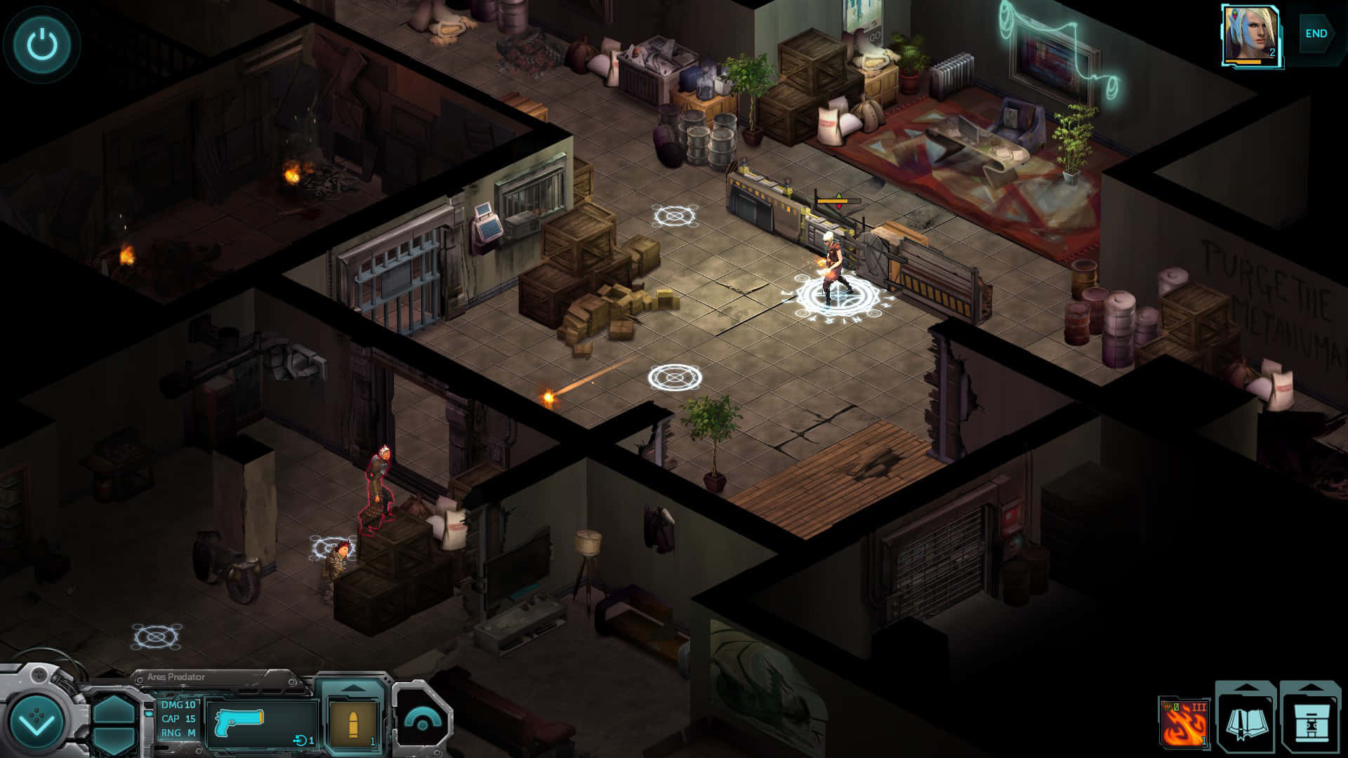 Top-down view of a character in a dark game room with neon lights and scattered furniture.