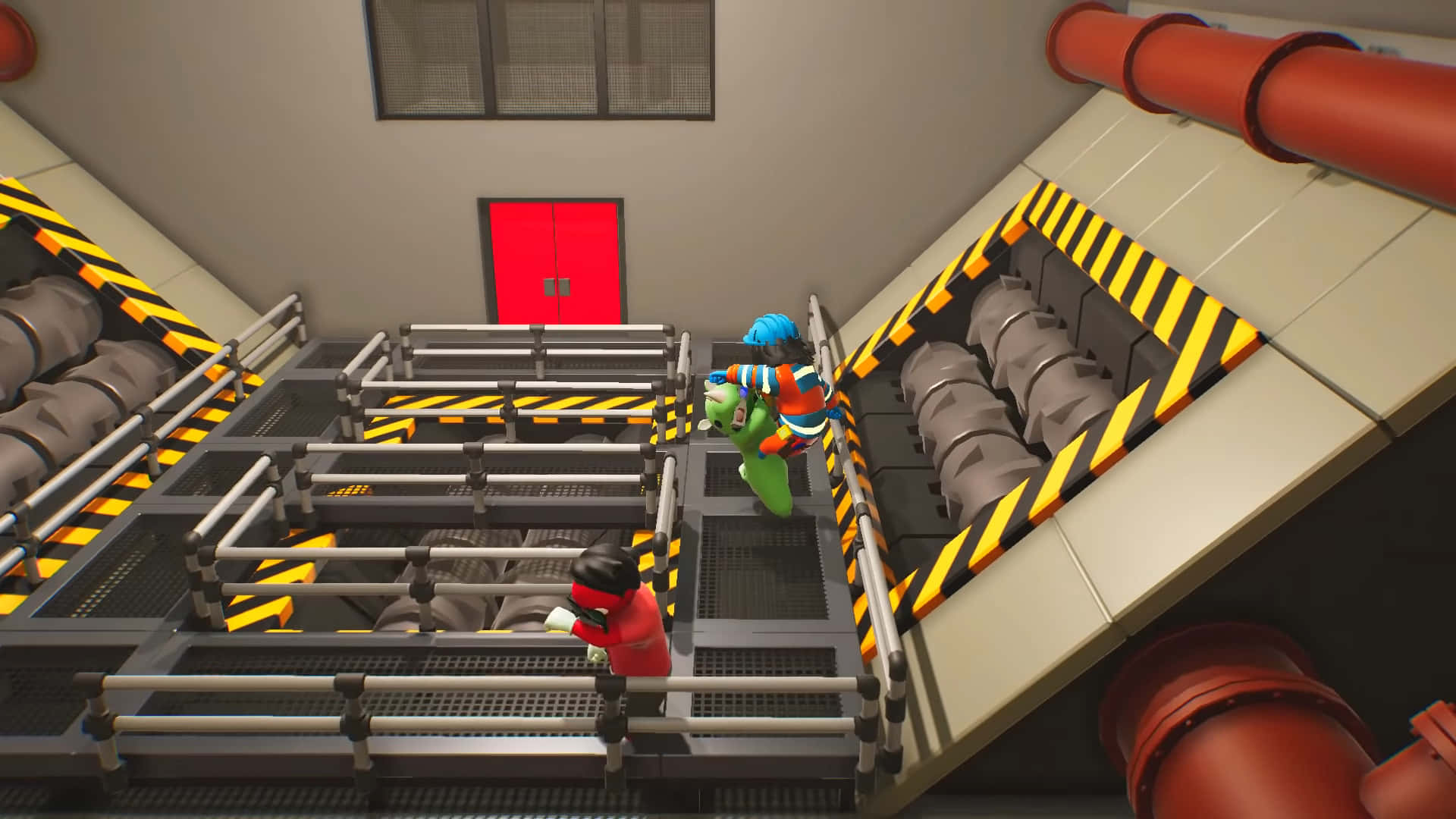 與隊友一起在《Gang Beasts》中大戰 壁紙 — 兩名風格化嘅工人在明亮嘅人造燈光下，穿梭於由管道同格柵通道組成嘅複雜工業迷宮。